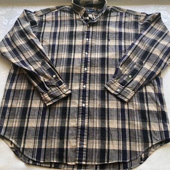 Ralph Lauren Men’s Size XL Blaire Navy/Tan Plaid Dress Linen Shirt Long Sleeves - Picture 12 of 14